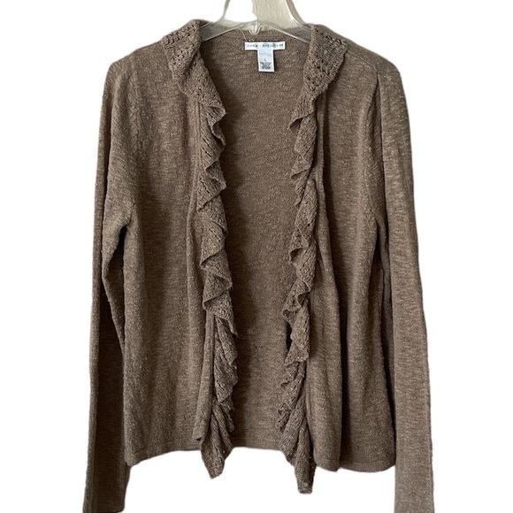 Sarah Spencer Open Cardigan ruffled front edge long sleeves tan size Large - Picture 1 of 12